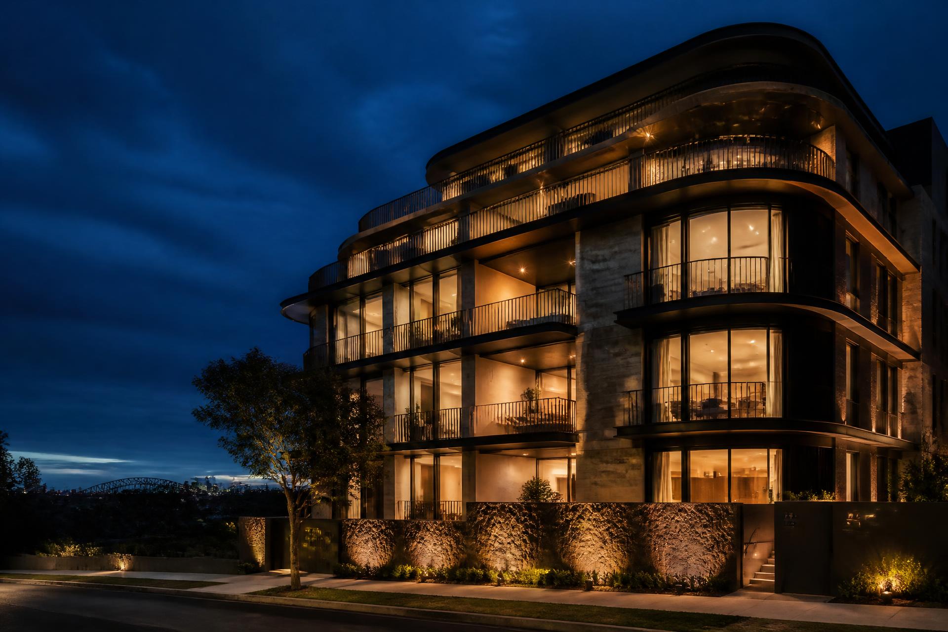 Sydney apartment building lit warmly at dusk