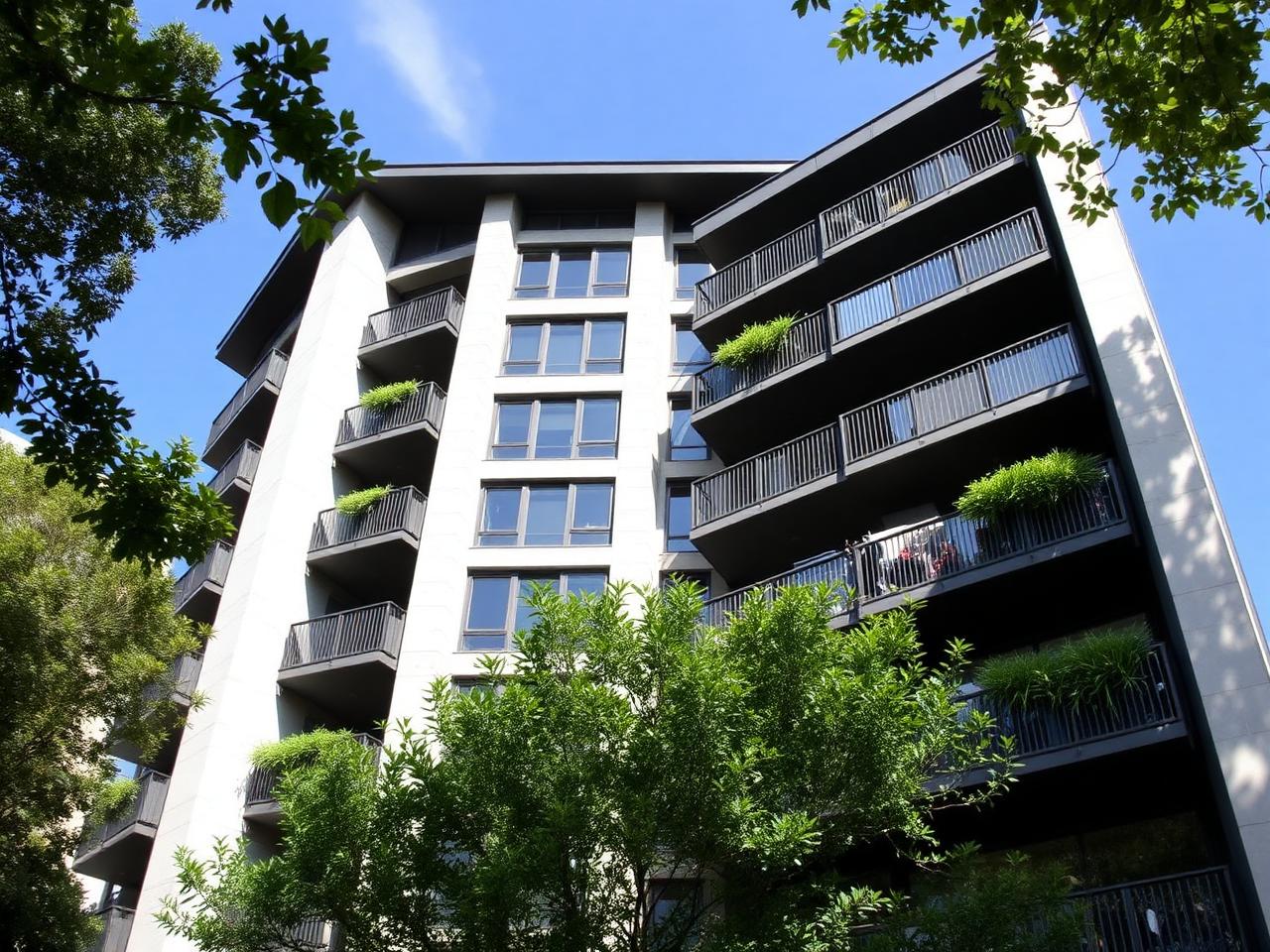 Modern apartment building in a leafy Sydney suburb viewed from below