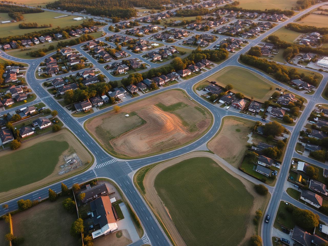 Aerial view of an Australian suburban land subdivision at golden hour